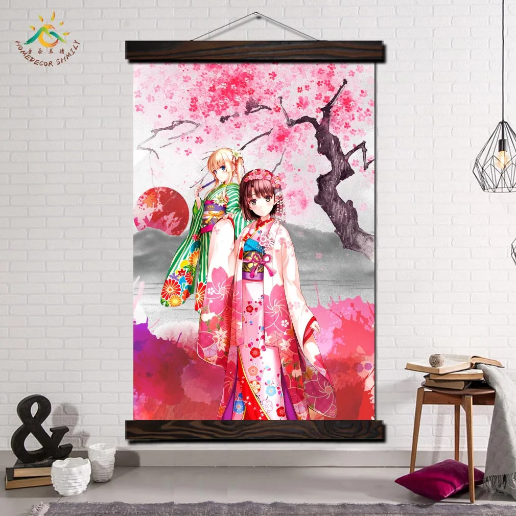 

Two Pink Japanese Kimono Girl Modern Wall Art Print Pop Art Posters and Prints Scroll Canvas Painting Pictures for Living Room