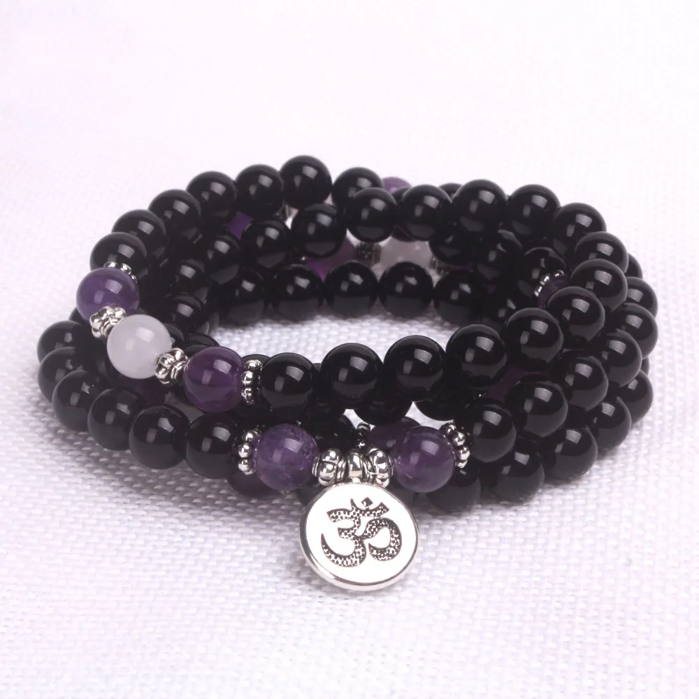 Черный оникс и фиолетовый кристалл с Буддой Шарм кулон браслет ожерелье Йога 108