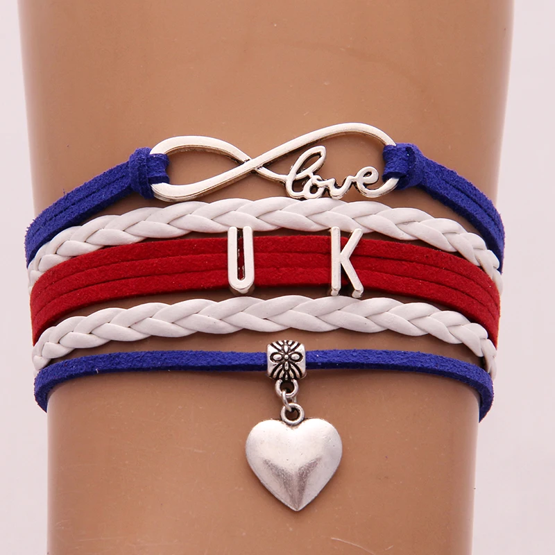 Кожаный браслет унисекс Infinity love с национальным флагом Великобритании сердечком