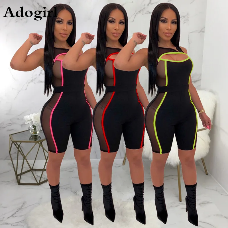 

Sexy Fluorescent Color Sheer Mesh Patchwork Jumpsuit Cut Out Sleeveless Fashion Sleeveless Bodycon Romper Cycle Playsuits