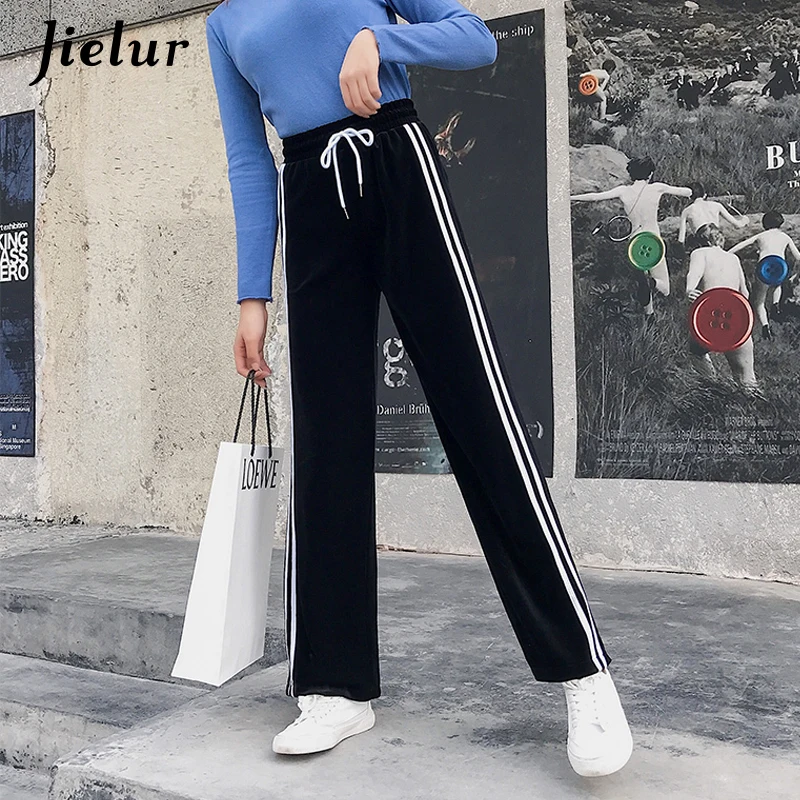Jielur зима осень широкие брюки женские Pleuche кулиской Боковые Полосатые уличные