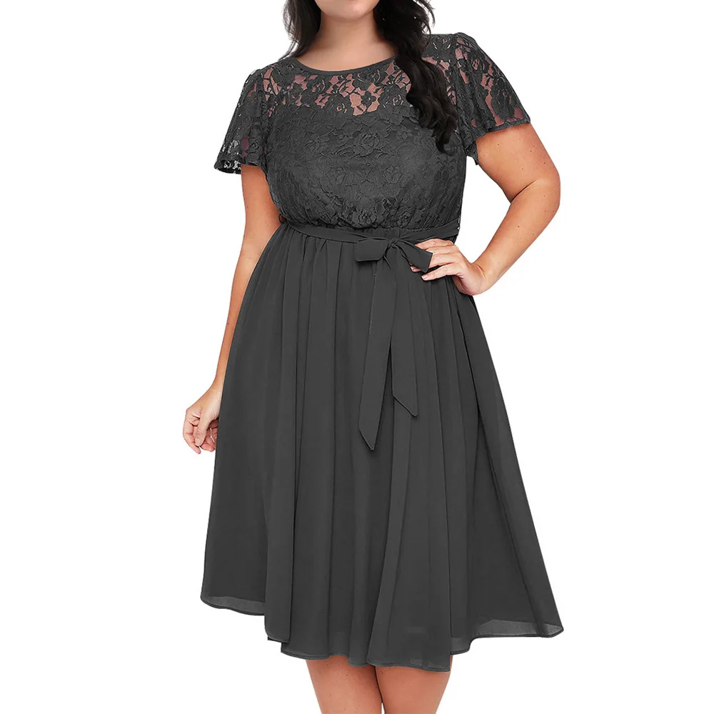 Dark Gray Joineles 3XL-9XL размера плюс, женское повседневное платье, летнее, круглый вырез, короткий рукав, вечерние платья, платье с кружевами - Цвет: Dark Gray