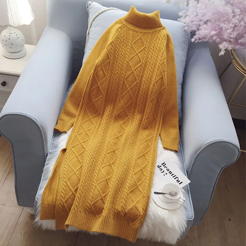 yellow Werynica, осенне-зимнее платье-свитер для женщин, теплое однотонное женское трикотажное высокоэластичное элегантное платье с высоким воротом, женское платье - Цвет: yellow