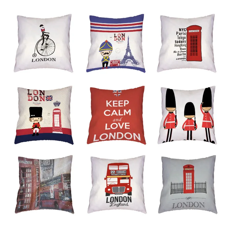 

Popular London Big Ben Paris Tower White Cushion Covers Phone Booth Bus Pillowcases Keep Calm And Love London Peach Skin Cojines