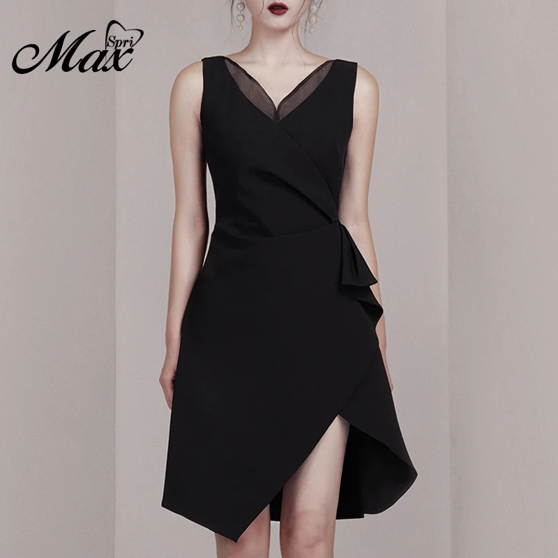 Max Spri New Sexy Fashion Office Lady V Neck Mesh Sleeveless Tassel Irregular Hemline Women A-Line Party Club Dress