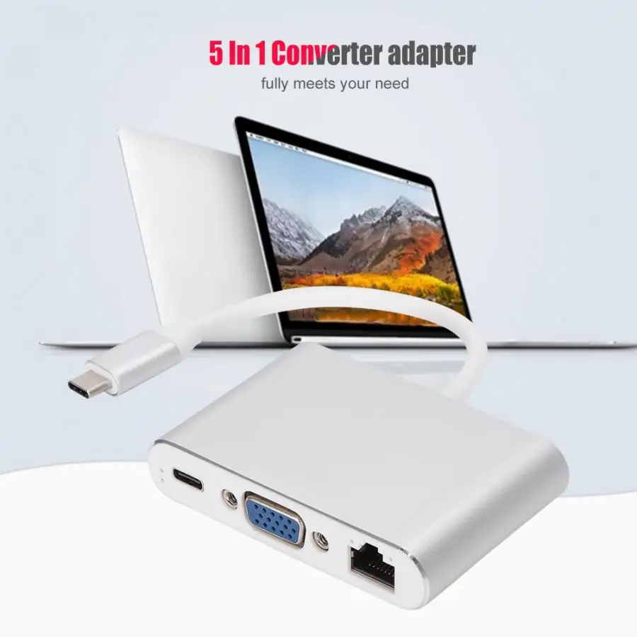 Многофункциональный адаптер с разъемом Type-C к HDMI + VGA USB Hub 5 в 1 USB3.0 конвертер