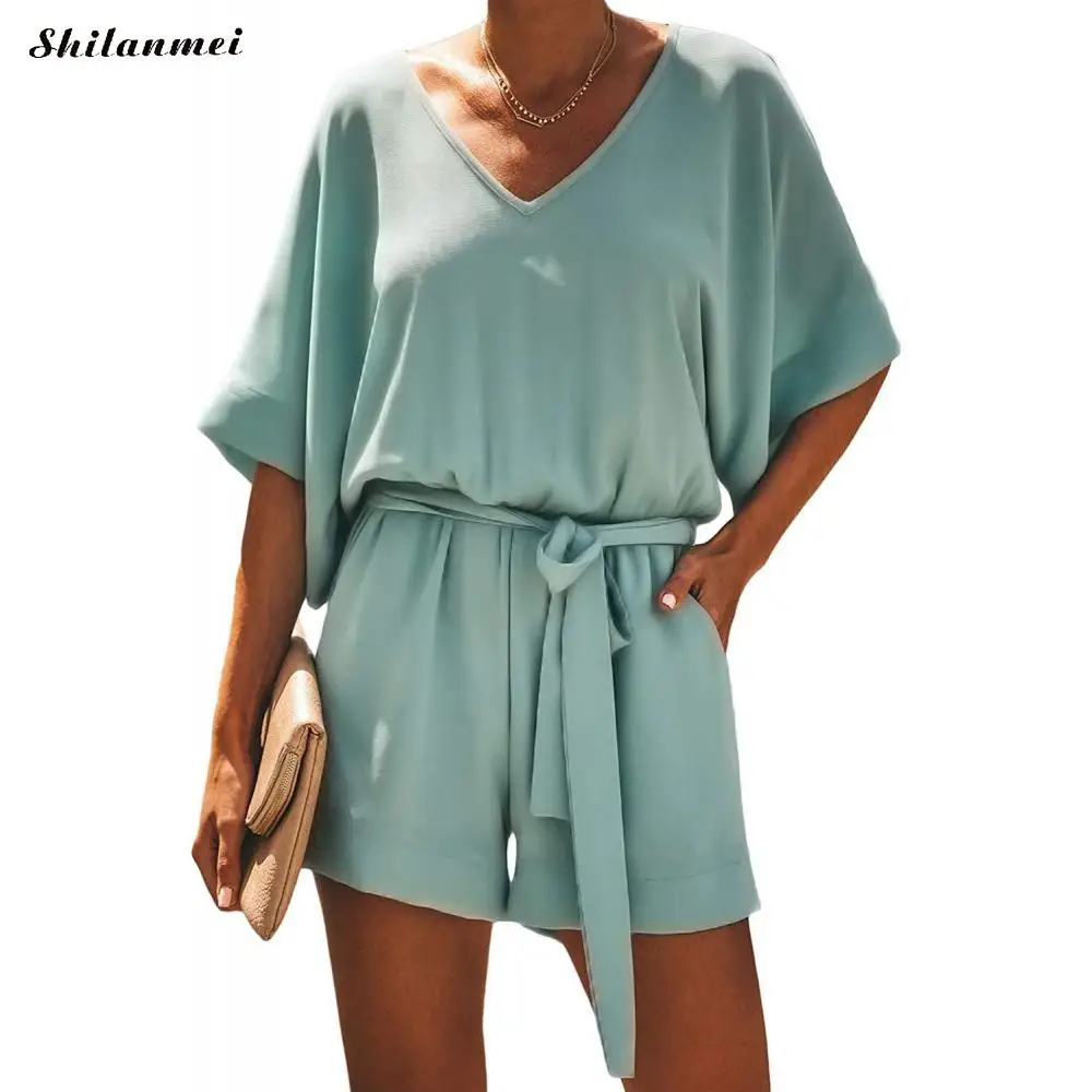

Women Casual Loose Solid Jumpsuit Summer Playsuit Women Fashion V Neck Half Sleeve Beach Romper Belted Elegant Office Overalls