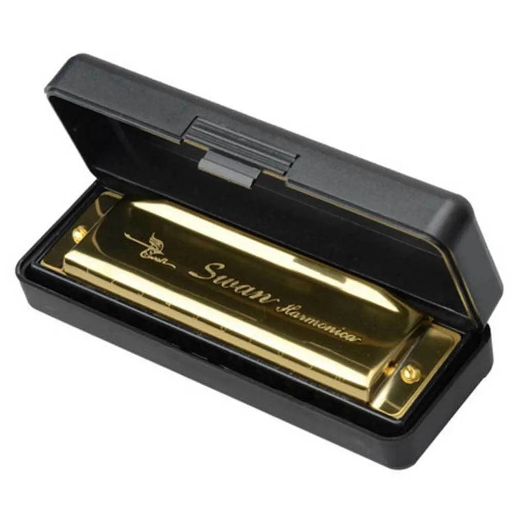 HLBY Swan Harmonica 10 отверстий Ключ C золотой с чехлом Blues Harp Metal Steel NEW|Губная гармошка| |