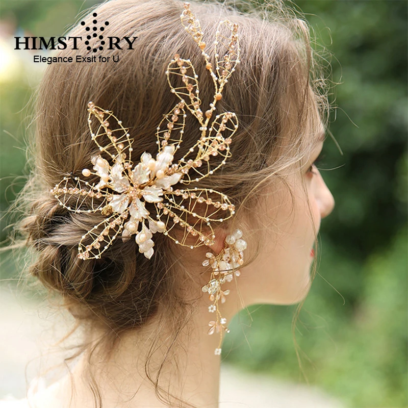

Hair Jewelry Handmade Flower Wedding Hairpins Champagne Rhinestone Flower Leaf Wedding Headpiece Hair Accessories Hairwear