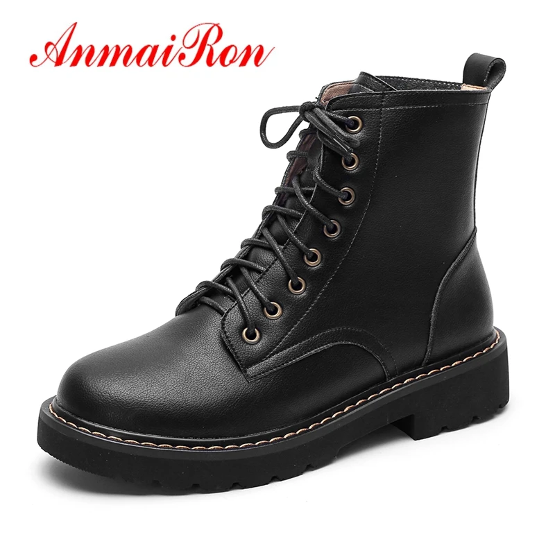 

AnmaiRon Fashion Round Toe Motorcycle Boots Lace-Up Womens Boots Ankle Womens Winter Fashion 2018 Size 34-41 LY244