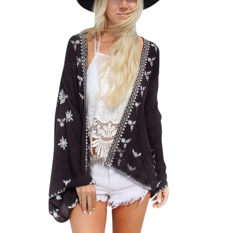 

New Women's Beach Holiday Embroidery Snow Flower Crotoch Lace Hem Cardigan Kimono Blouse Tops