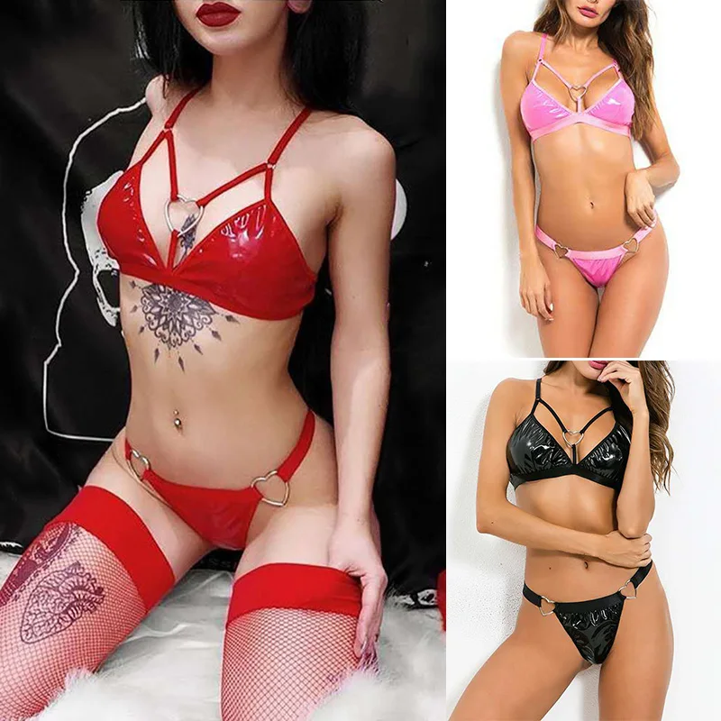 Для женщин ПВХ белье из искусственной кожи одежда для сна бюстгальтер набор