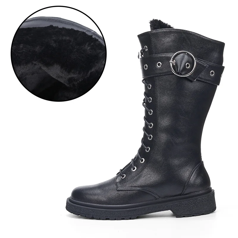 Ta Jiang Fashion Warm Plush Winter Women Mid-Calf Boots For Women Shoes Autumn Zip Motorcycle Boots with Buckle Shoes Woman - Цвет: Black Plush - Winter