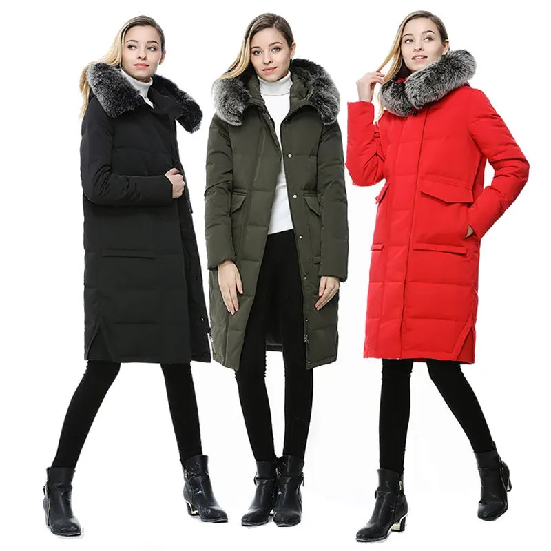 

Женский пуховик, европейский и американский стиль, для холодной зимы, длинный, серебристый, Лисий мех, воротник, капюшон, карман, 80% утиного п...