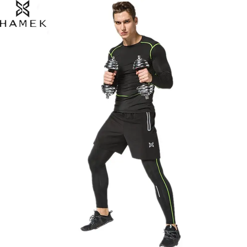 Мужской спортивный костюм HAMEK 2017 года, 3 шт., Быстросохнущий Светоотражающий Комплект для бега, компрессионные колготки, нижнее белье, костюм... от AliExpress RU&CIS NEW