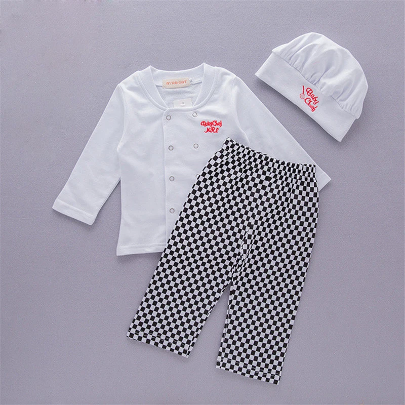 Baby boys sets chef play suit cotton white shirt+plaid pants+hat long sleeves toddler kids clothes outfit party costume |