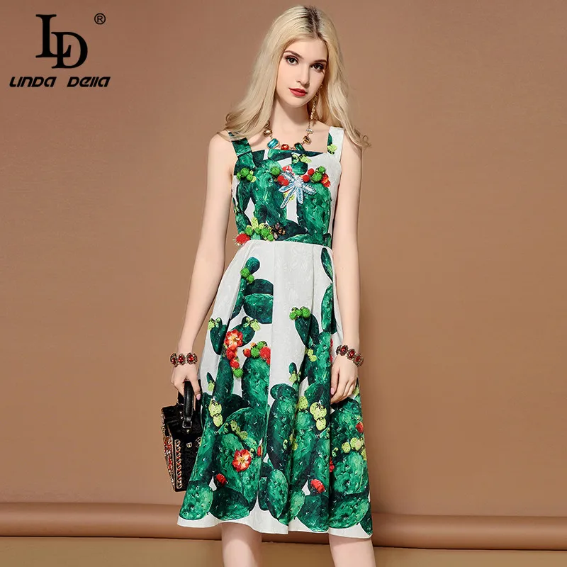 Cuerly 2019 Fashion Summer square collar Dress Women's Sleeveless Crystal Beading Green plant Cactus Printed Casual Dresses | Женская