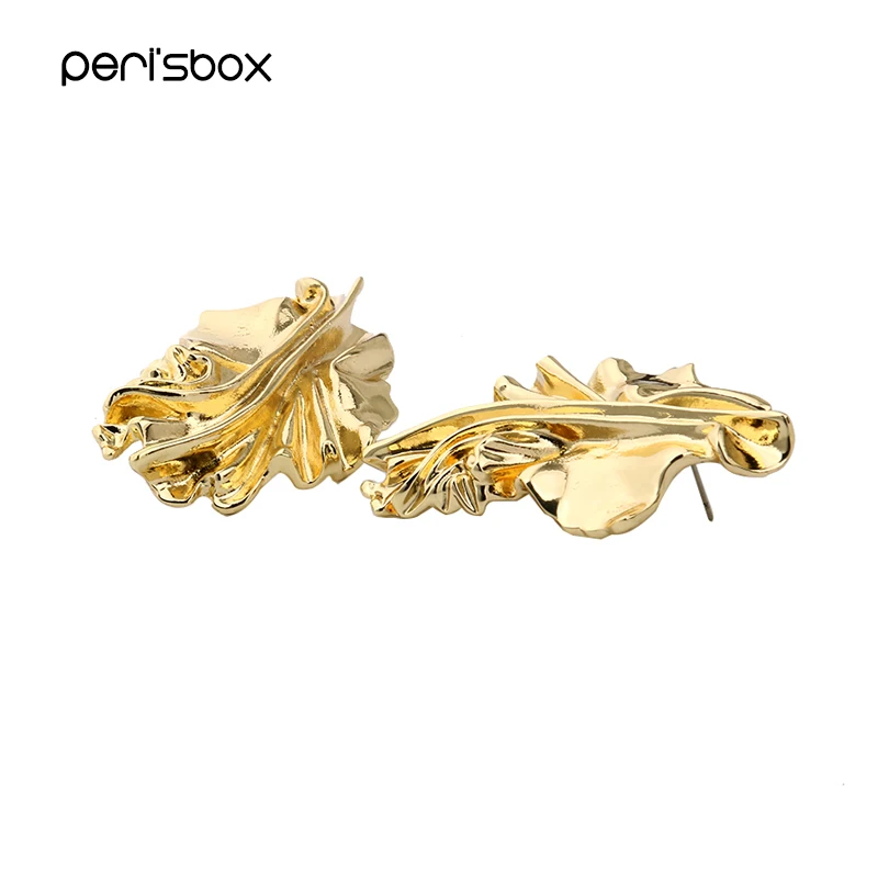 Peri'sBox, винтажный металлический лист, большие серьги-гвоздики для женщин, золотой цвет, китайская капуста, серьги, нерегулярные, морщинистые, большие серьги