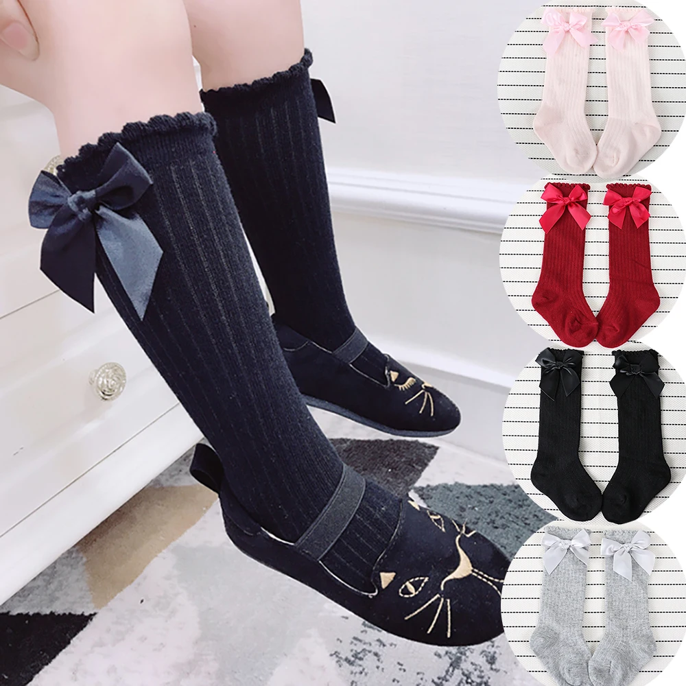 Calcetines hasta la rodilla para ni&ntilde;as, medias de princesa con lazos, de algod&oacute;n, tubo largo, rayas, 2020-0
