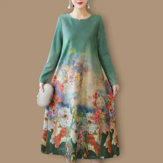 Женское платье до середины икры в стиле ретро с цветочным принтом Осеннее