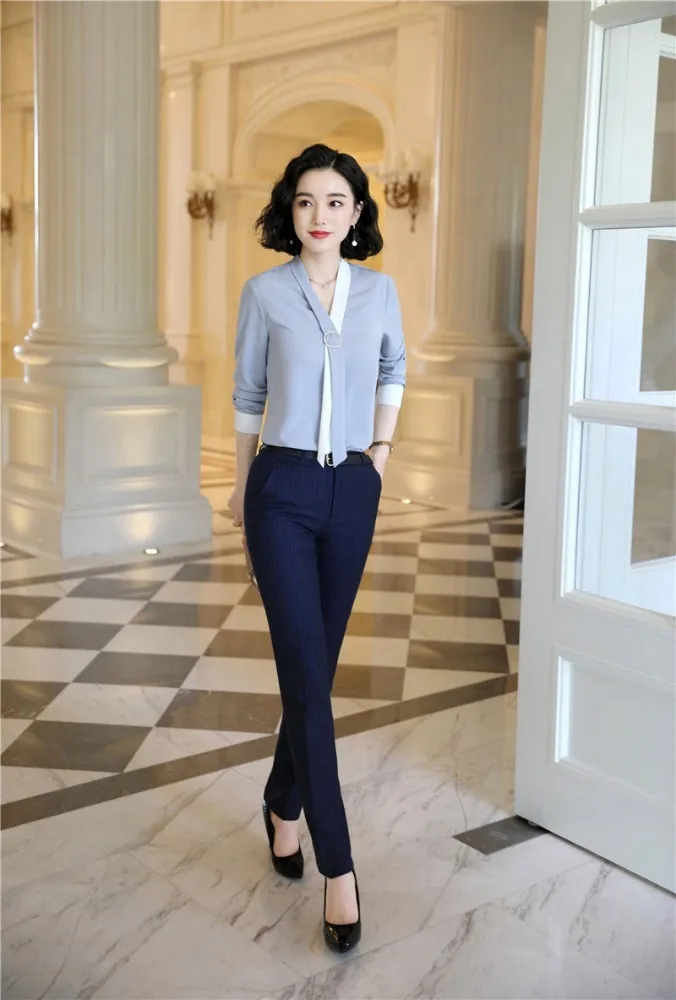 Женский деловой костюм из 2 предметов блузка и рубашка с брюками топом осень