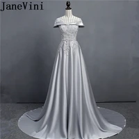 janevini silver gray long bridesmaid dresses a line luxurious lace appliques sequined beaded satin sweep train prom party gowns