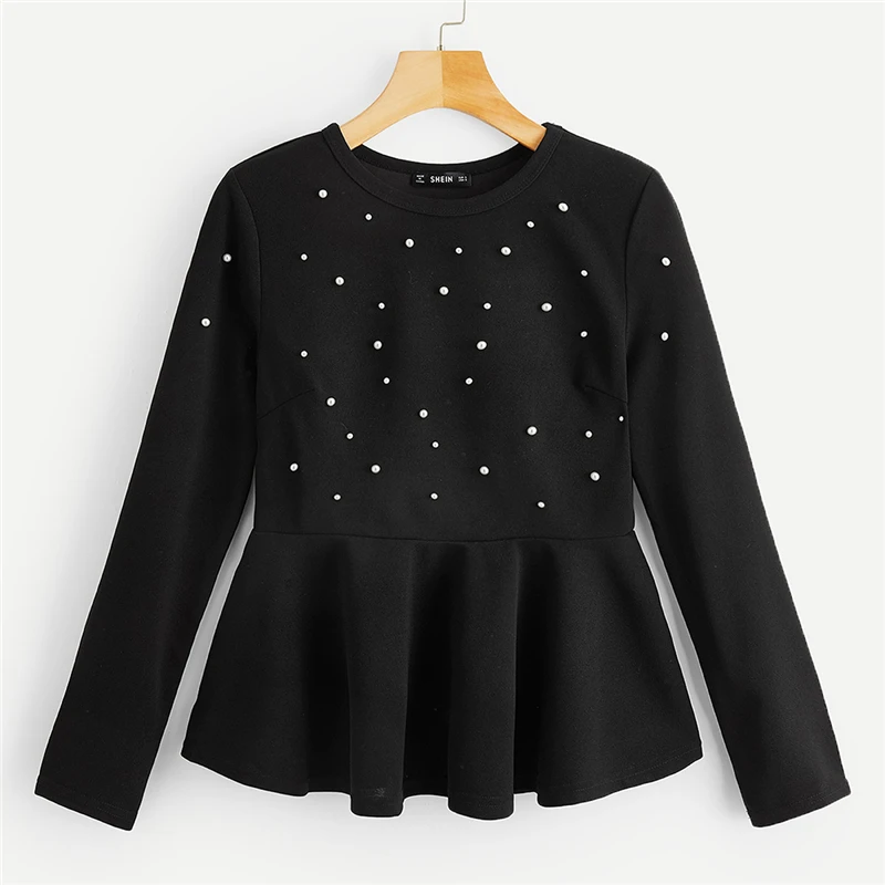 Sheinside, украшенный жемчугом, однотонный топ с баской, черная блузка, женские рубашки с длинным рукавом, Женские топы и блузки,, расклешенная Осенняя рубашка
