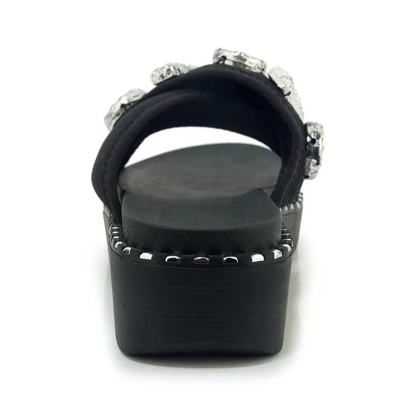 Женские сетчатые шлепанцы на танкетке роскошные Вьетнамки со стразами черные