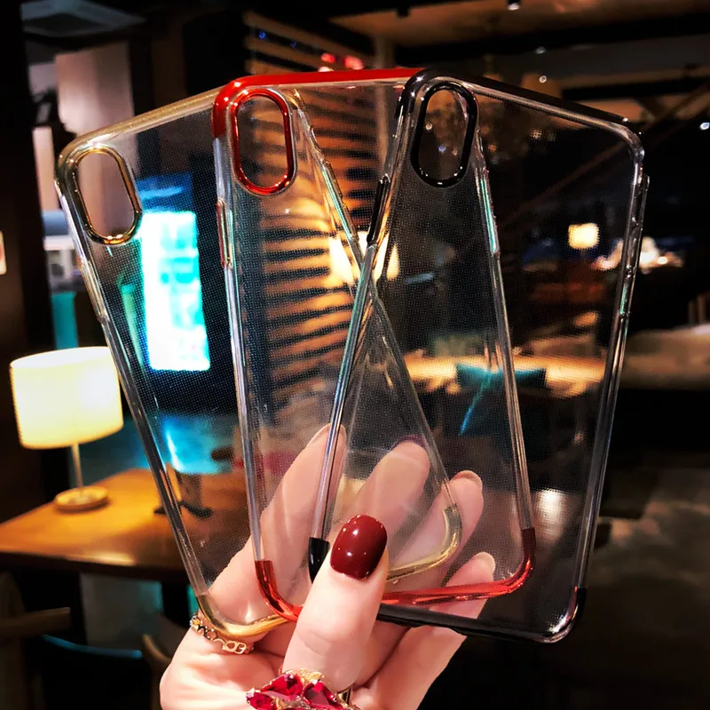 Luxury Silicone Clear Case for iPhone X 6 6S Plus TPU Soft Plating Frame Transparent Back Cover 7 8 |