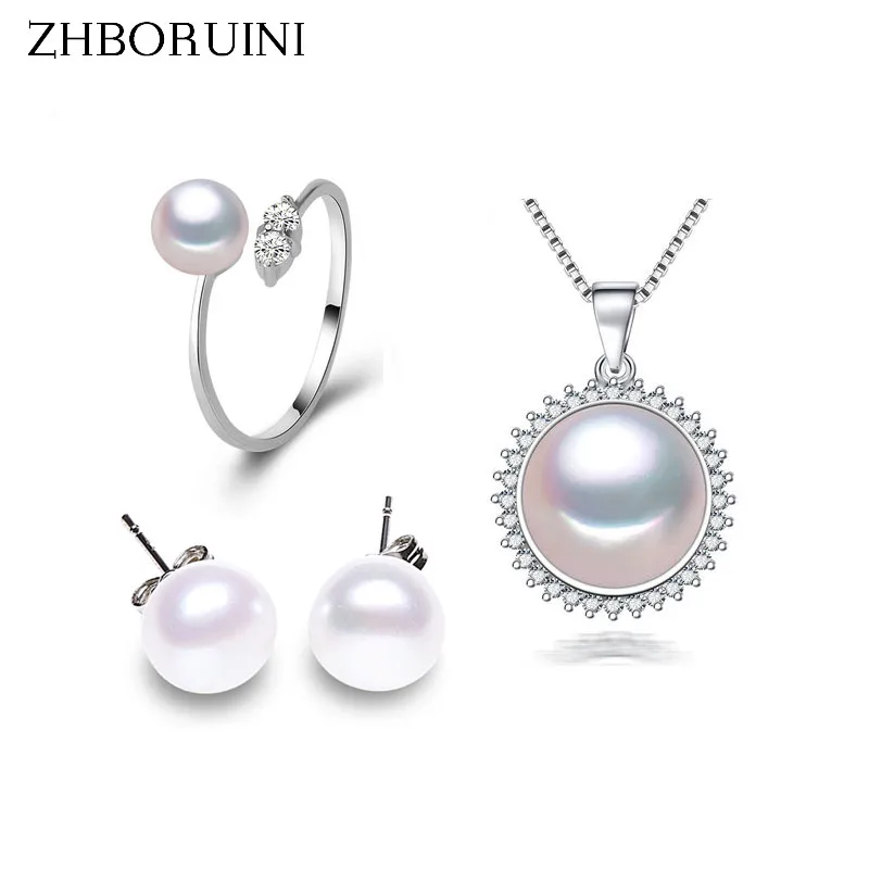 ZHBORUINI Pearl Jewelry Sets Natural Freshwater Pearls Necklace Earrings 925 Sterling Silver Jewelry Pendants For Women Gift