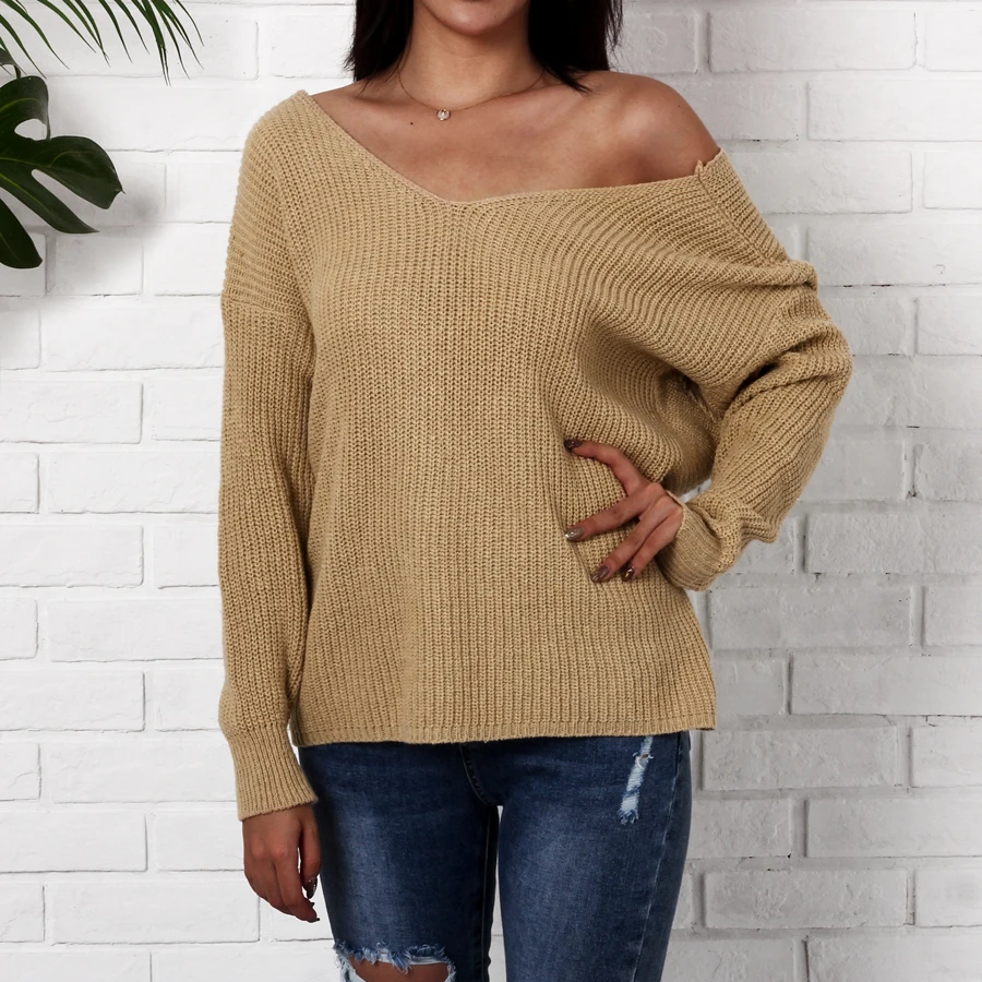 Sexy Criss Cross Backless Knitted Sweater Women 2018 Autumn Winter Fashion Long Sleeve Loose Pullovers Oversized Khaki | Женская одежда