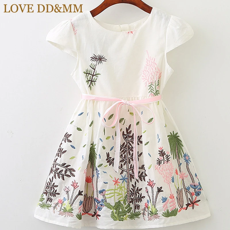 Белый LOVE DD& MM/платье для девочек; Новинка г.; Летнее Детское платье для девочек с пышными рукавами и вышитыми листьями цветами и поясом - Цвет: Белый