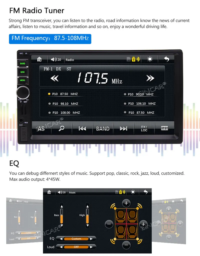 MP3 MP4 видео Bluetooth воспроизведение музыки 7 красочных кнопок обратная камера вход +