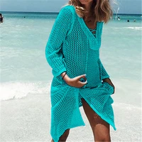 lace up knitted hollow out beach dress tunic 2021 summer women bikini cover up crochet long sleeve dress swimsuit cover ups