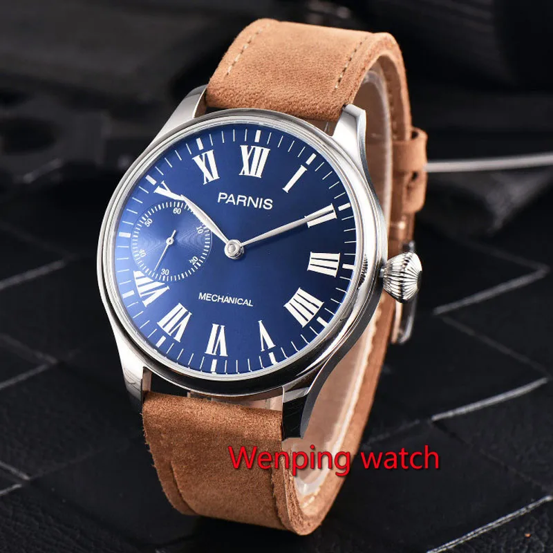 

Parnis 44mm 17 Jewels Steel Case Blue Dial Roman numerals 6497 Hand Winding Movement Watch W2528