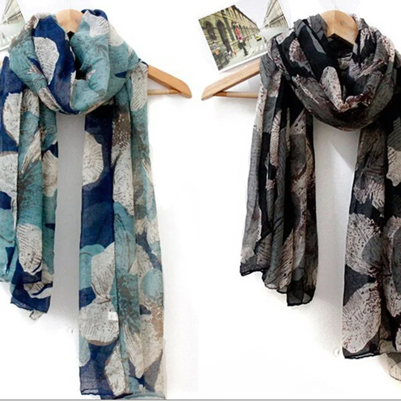 

Fashion Women Elgant Vintage Scarves Long Soft Print Voile Contrast Large Flower Shawl Lady Clothing Accessories