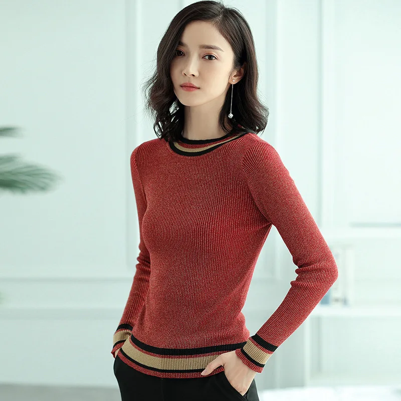 Autumn Knitted 2 Solid Color Long Sleeve Sweater Fashion Slim O Neck Basic Pullover | Женская одежда