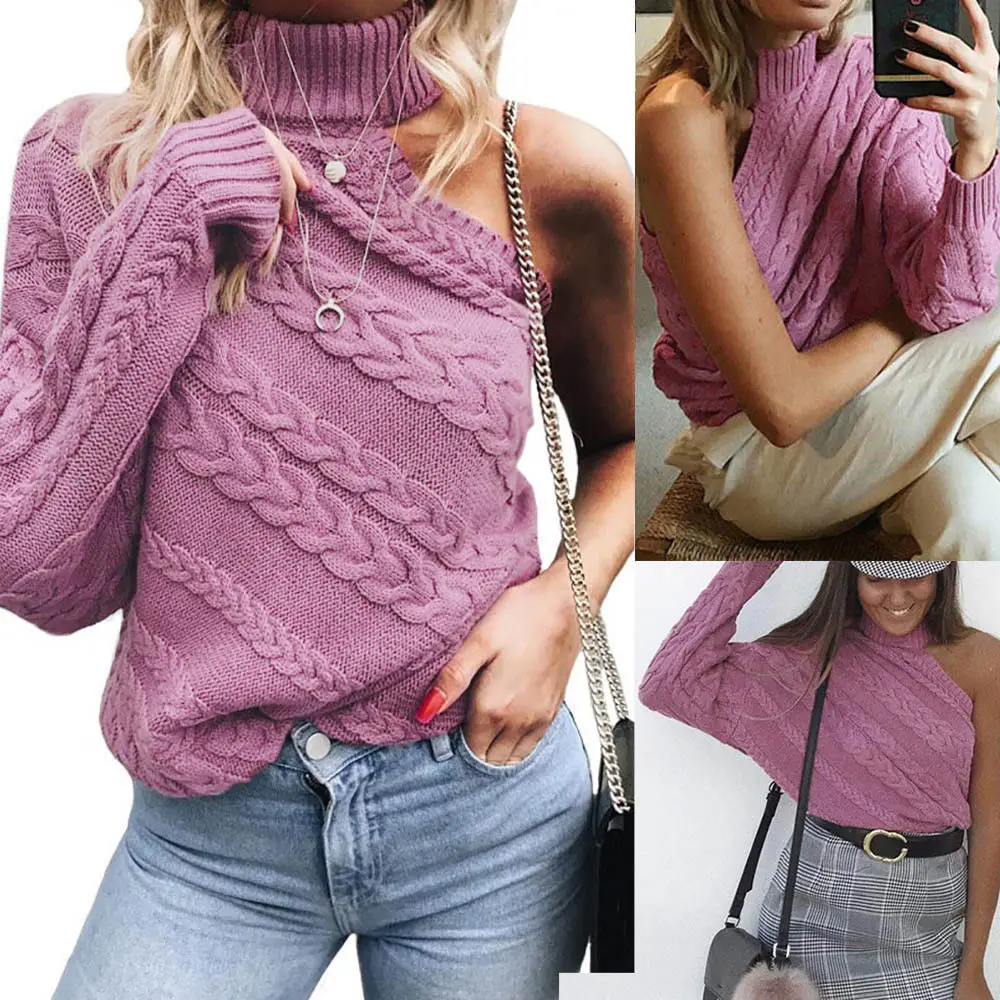 2019 Autumn Winter Fashion Women Sweaters Pullovers Long Sleeve Turtleneck One Shoulder Sweater Slim Solid Knitted Jumpers Tops | Женская