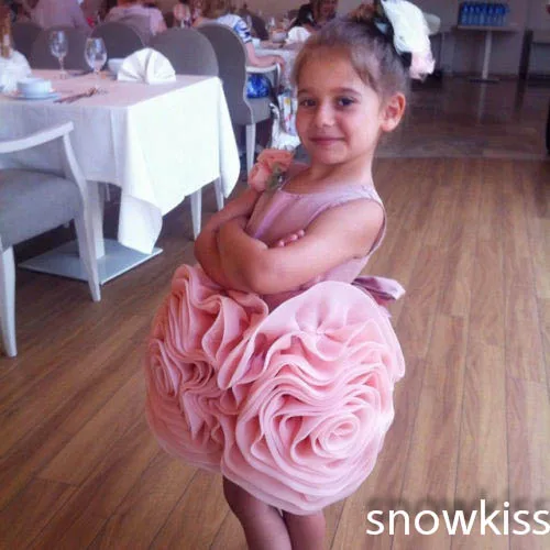Champagne/pink short ball gowns beautiful flowers satin ruched flower girls dresses nice birthday party gown for wedding | Детская
