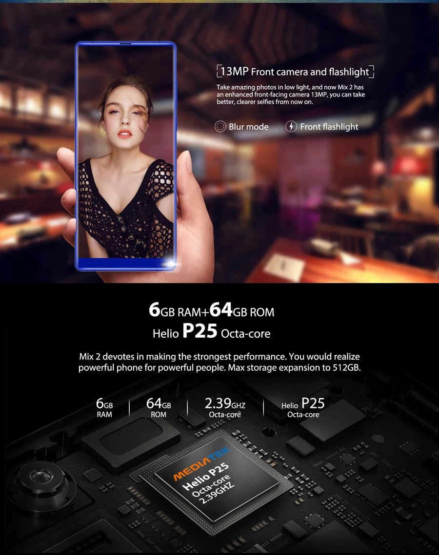 Oukitel Mix 2 5,9" FHD 18:9 полный дисплей Android 7,0 6 ГБ ОЗУ 64 Гб ПЗУ Восьмиядерный 21 Мп+ 13 МП 9 В/2 а быстрое зарядное устройство 4080 мАч смартфон