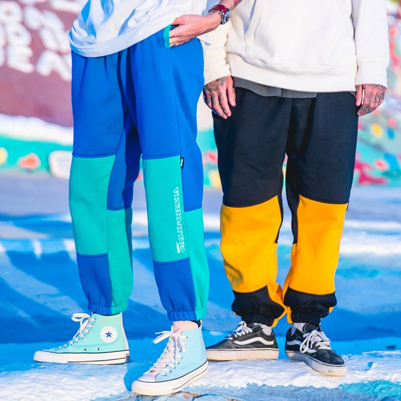 Мужские Цвет блок брюки уличной хип хоп Fleece Sweatpant Harajuku трико для мужчин