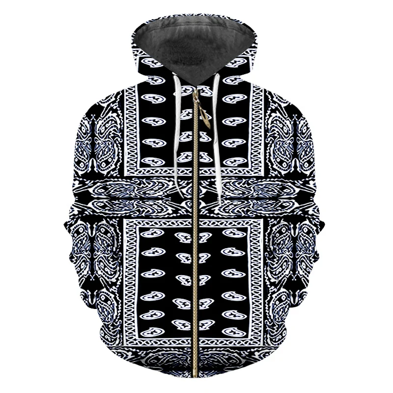 Худи OGKB мужское с 3d принтом черная бандана свитшот узором пейсли худи на молнии