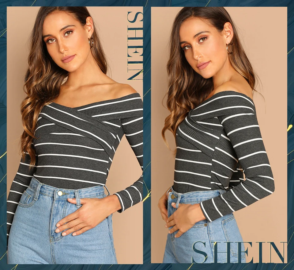 SHEIN Футболка В Полоску С Открытыми Плечами Облегающий Топ Женский Осенний Элегантный Топ С Длинными Рукавами