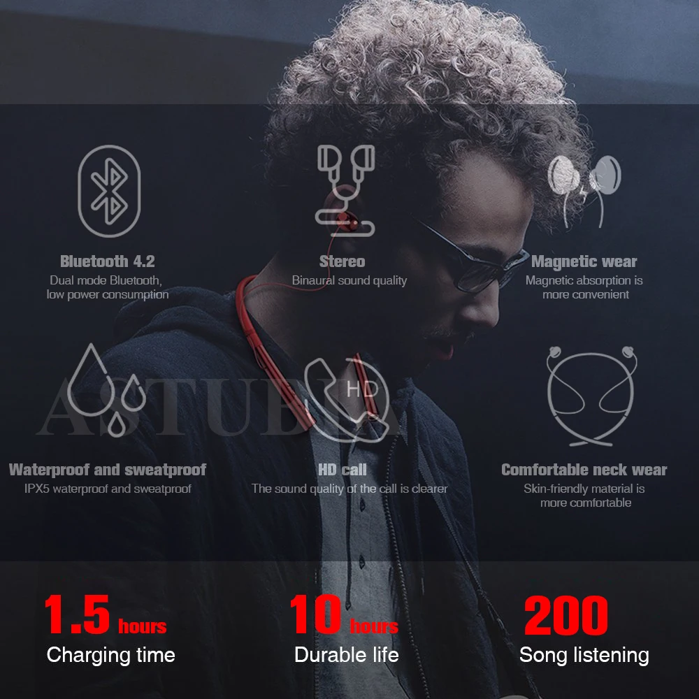 Спортивная Bluetooth-гарнитура наушники для телефона V5.0 стерео с шейным ободом