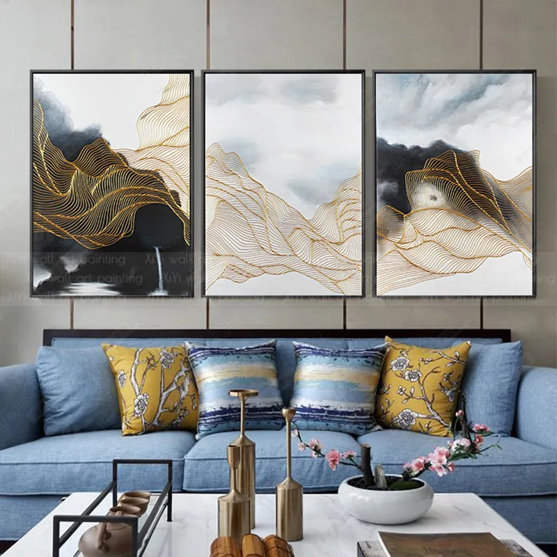 3 pieces gold line abstract painting on canvas wall art pictures for living room home wall decor original thick texture quadro