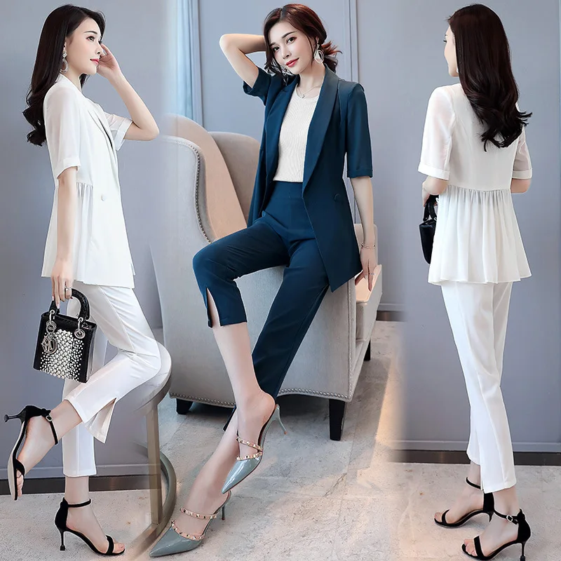 

2019 new summer fashion short-sleeved small suit casual large size jacket flared pants temperament simple women's two-piece suit