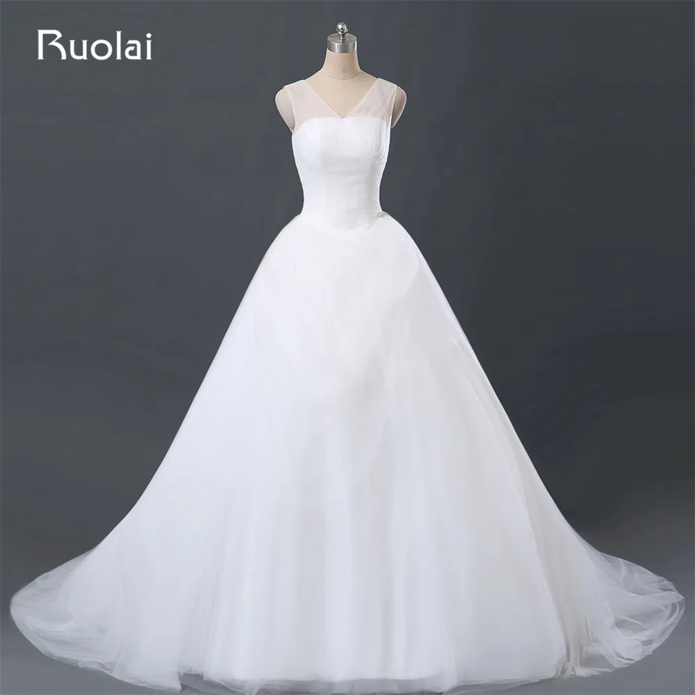 

Настоящая фотография, простое Пышное Бальное платье из тюля с v-образным вырезом и рюшами, свадебные платья с кристаллами, свадебное платье ...