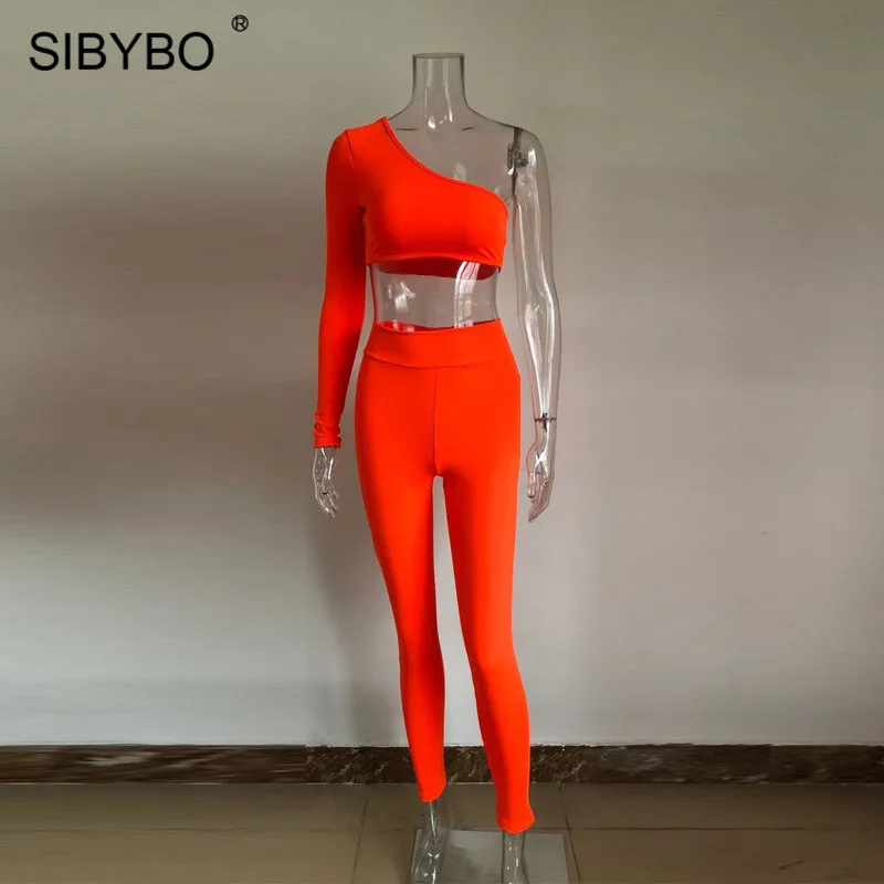 As Shown Женский спортивный костюм Sibybo, комплект из двух вещей короткого сексуального топа в обтяжку и штанов с высокой талией для тренировок на лето - Цвет: As Shown
