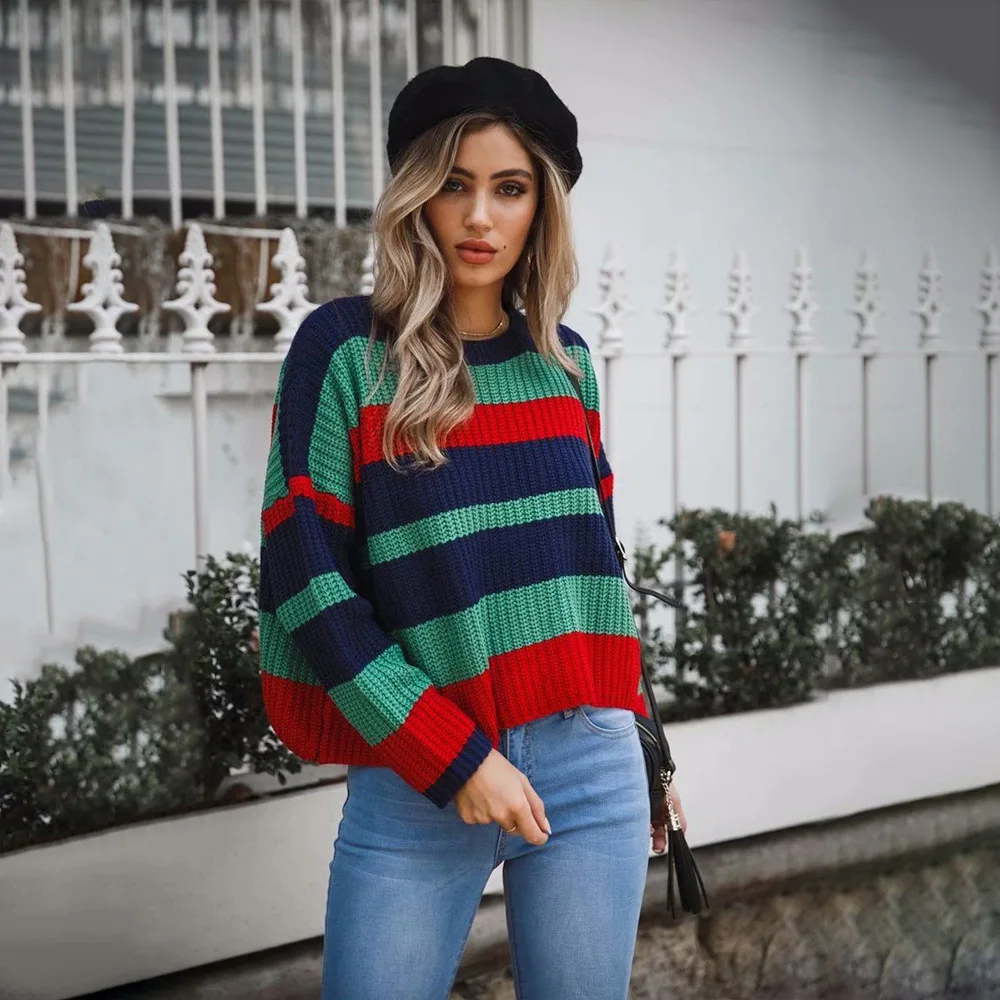 Aselnn Winter Women Colorful Striped Sweater Long Sleeves O-neck Loose Slim Knitted Pullovers Casual Blusas De Inverno Feminina | Женская