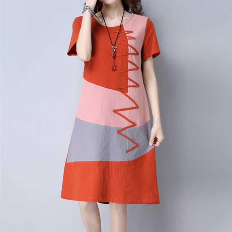 Red Pink Летнее платье женское пляжное платье с коротким рукавом и круглым вырезом в стиле пэчворк ТРАПЕЦИЕВИДНОЕ повседневное хлопковое льняное платье vestidos Большие размеры женская одежда - Цвет: Red Pink